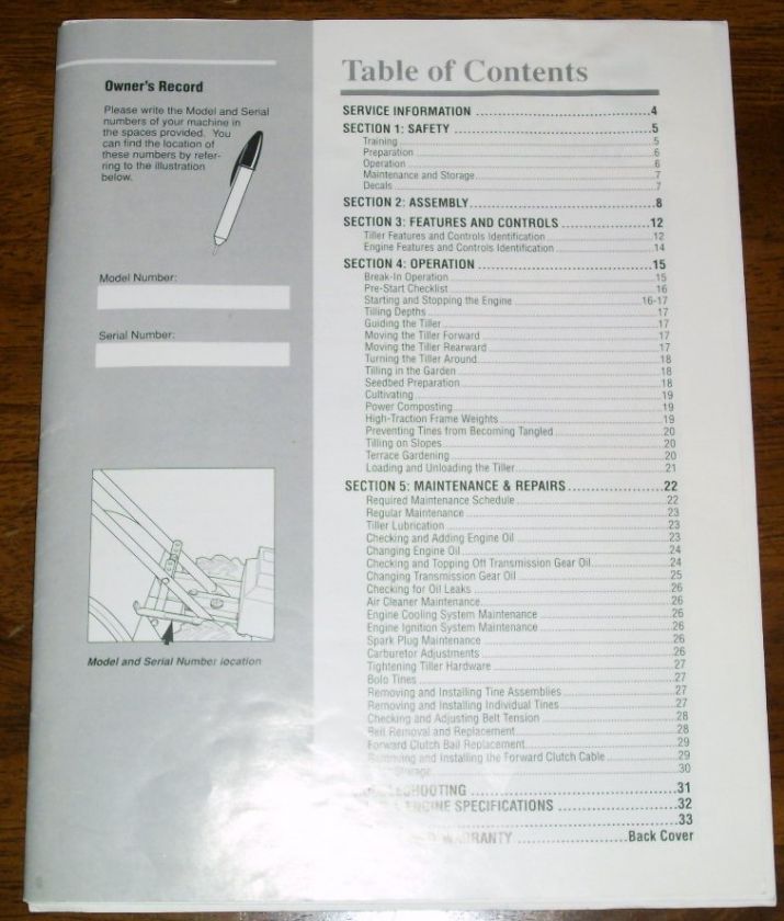 Troybilt Tuffy 3HP Tiller Operation/Maintenance/Repair Manual  