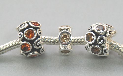 Set of 3 PCS 925 SILVER EUROPEAN CHARM BEADS w SMOKE/BROWN CZs  