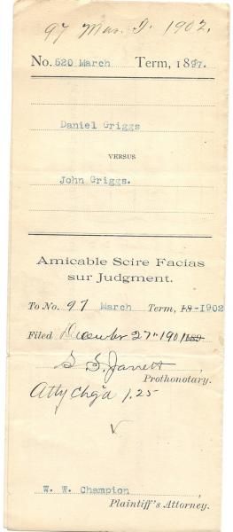 Lycoming County PA Court Document Griggs vs Griggs 1902  