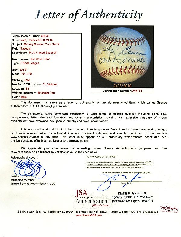 MICKEY MANTLE & YOGI BERRA SIGNED BASEBALL BALL JSA  