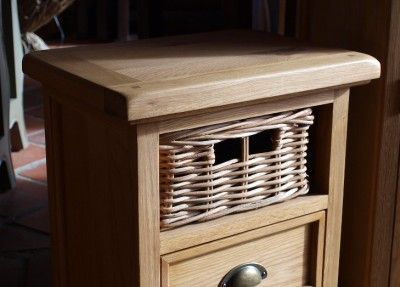 Country Oak Side Table with Two Drawers & Wicker Storage Basket  