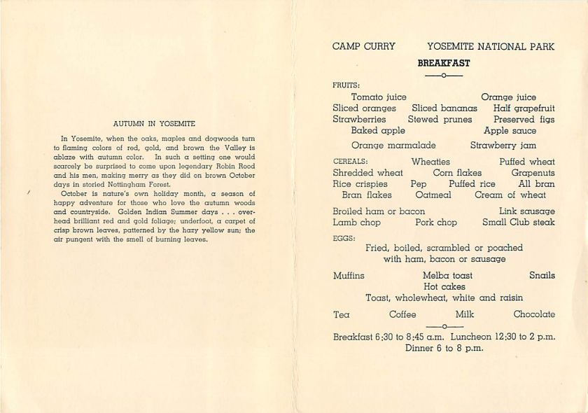 1938 Camp Curry Yosemite National Park Corner Cover   Printed Menus 