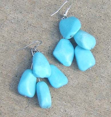 TURQUOISE GEMSTONE BLUE BROWN EARRINGS BRUSHED SILVER BIG HOOPS LONG 