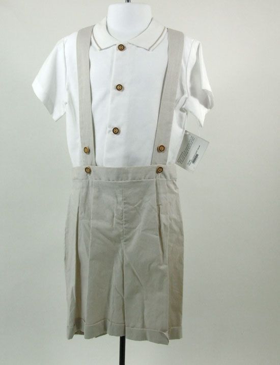 Boys Suit Suspenders Vest Short Sleeve Shirt Tan White Checkered 