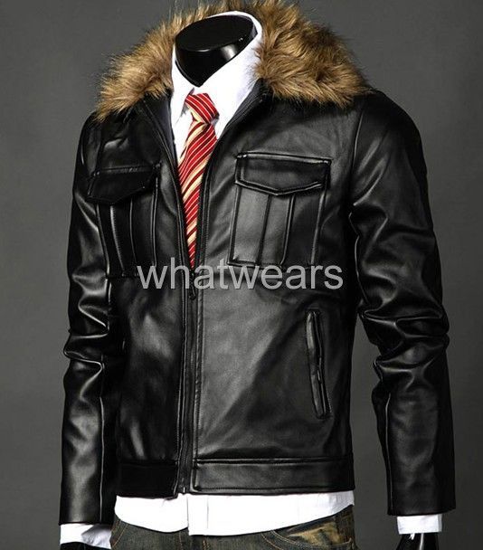 Mens Slim Convertible Collar Leather Jacket Coat Z81  