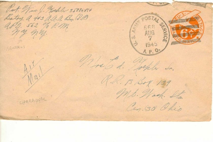   Army Cover WWII APO 562 FRANCE 443 AAA Bn (SP) APO 568 SOLDIERs MAIL