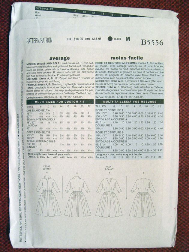 BUTTERICK RETRO 55 MISSES DRES AND BELT PATTERN 5556 Sz 8 14  