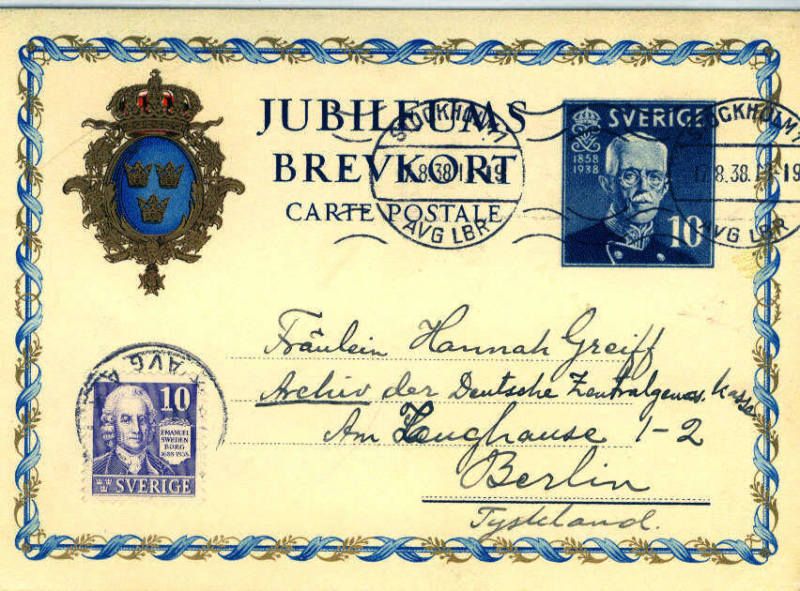 17/38 JUBILEUMS BREVKORT GUSTAV V SWEDEN 80 BIRTHDAY  