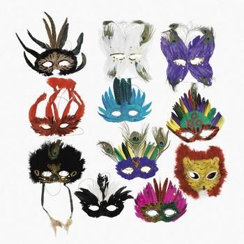 12 Stunning Feather MARDI GRAS Costume MASKS Dozen Party Lion 