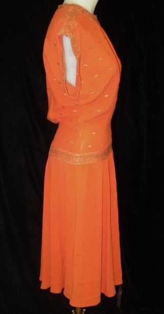 Gold Bullion Embroider War Time 40s Orange Crepe Cocktail Dress 