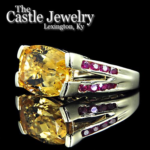 LADIES GOLDEN TOPAZ & CHANNEL SET RUBY RING 14K YG  