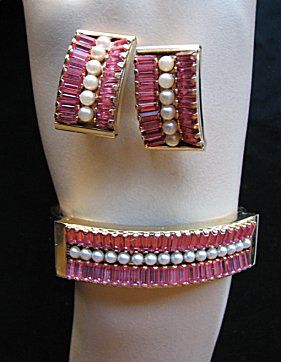 VINTAGE PINK RHINESTONE BRACELET & EARRINGS LERU *best*  