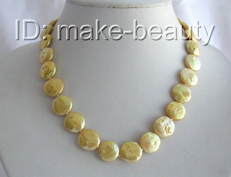   big 14mm gold round coin freshwater cultured pearl necklace 9K clasp