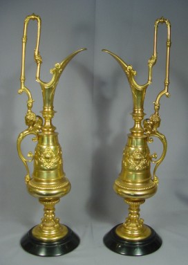 Pair of Antique Gilt Bronze Ewers Cherub Faces  