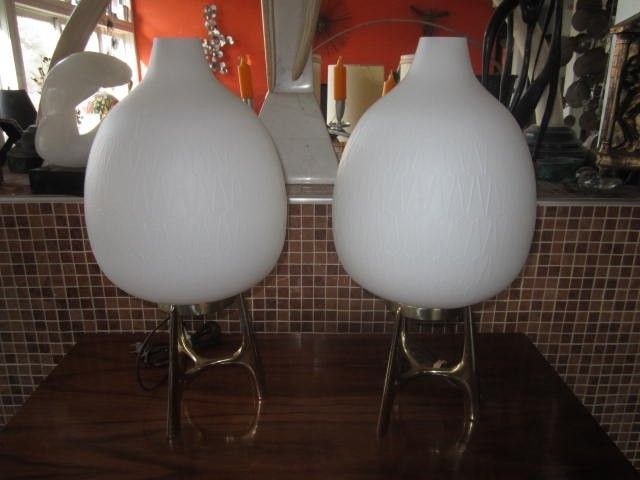   RARE PAIR GIANT LAUREL LAMPS UNUSUAL BRASS BASE MID CENTURY DANISH