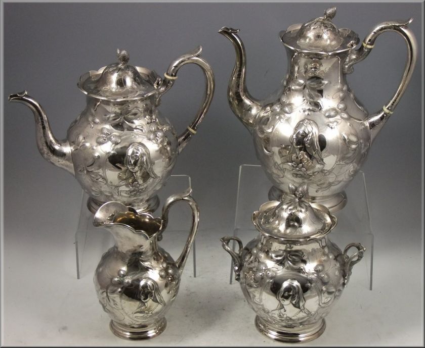 Ultra Fine 19thC 4pc Repousse Coin Silver Tea Set  