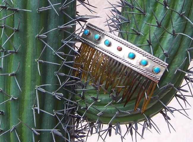 Vintage Mexican turquoise coral silvertone hair comb  