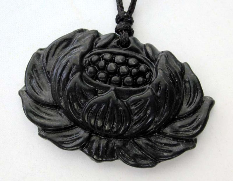 Black Green Jade Auspicious Lotus Amulet Pendant  