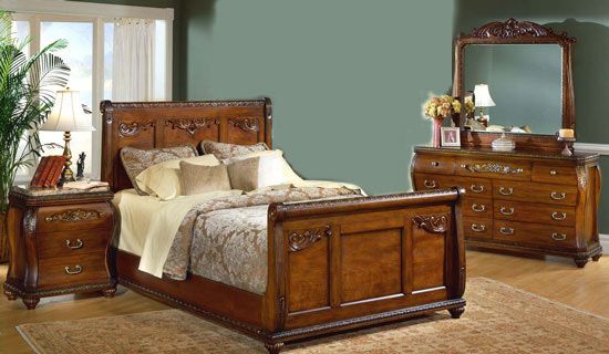 Light Walnut Empire 6 pc Queen Sleigh Bedroom Set  