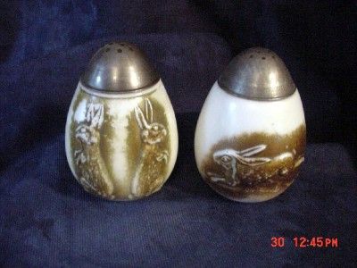 EAPG RABBIT HEN MILK GLASS SALT & PEPPER SHAKERS  