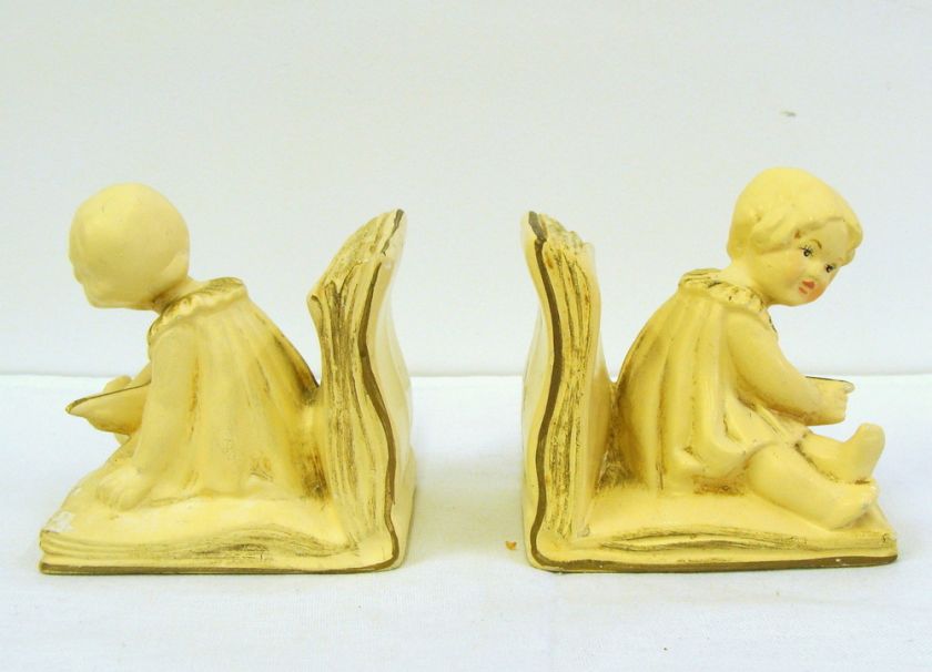 Vintage Pair Coventry Ware Chalkware Bookends Girl Book  