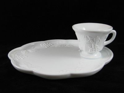 Set of 2 Indiana Milk Glass Sandwich Snack Trays & Cups. Harvest Grape 