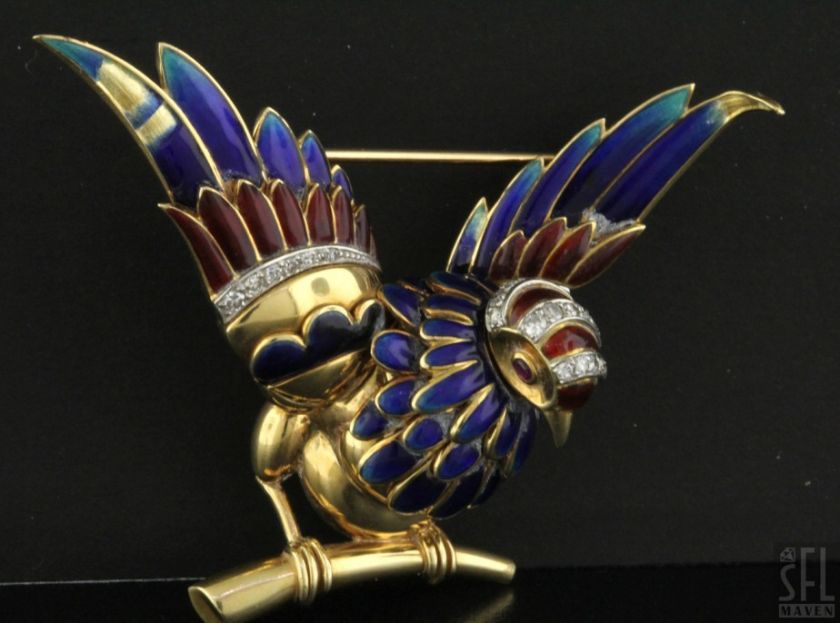 HEAVY 18K GOLD .34CT DIAMOND COLORFUL ENAMEL BIRD PIN/BROOCH  