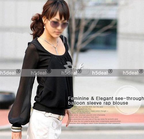 Lady Round Neck Long Sleeve Chiffon Blouse Shirt Color  