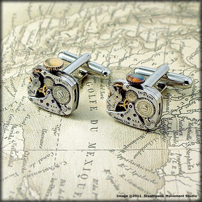 Steampunk Cufflinks   Matching Vintage Watch Movement  