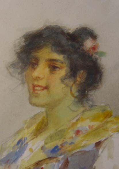 CARIS ITALIAN WATERCOLOR w. BEAUTY MAIDEN c. 1900  