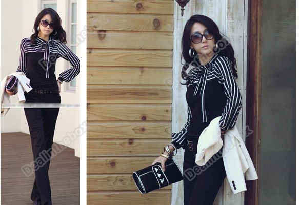   Polo Neck Stripes Long Puff Sleeve Cotton Casual Tops Blouses T Shirt