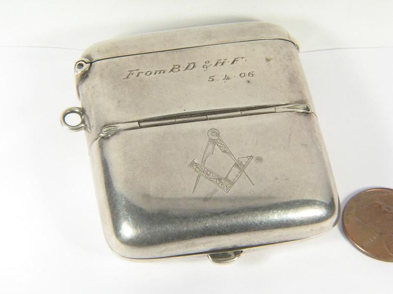 ANTIQUE ENGLISH MASONIC SILVER MATCH SAFE SOV COIN CASE  