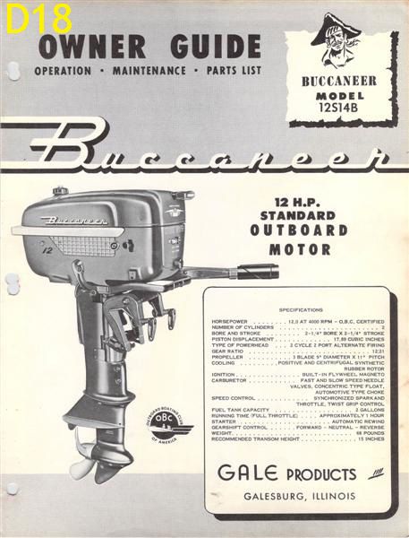 Antique Gale Buccaneer outboard owners manual parts catalog 3 5 12 25 