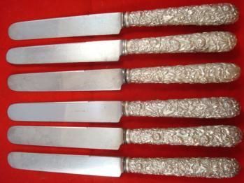 Set of 6 Repousse by Kirk Sterling Hand Cast Knives OLD  