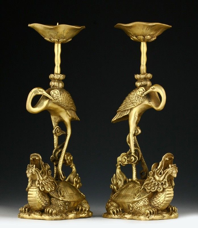 PAIR OF CHINESE CARVED COPPER CANDLE STICK CRANE #4541  