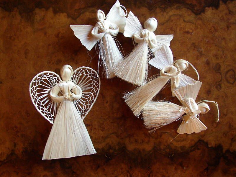 SISAL TWINE COUNTRY CHIRISTMAS ANGEL ORNAMENTS   SET 5  