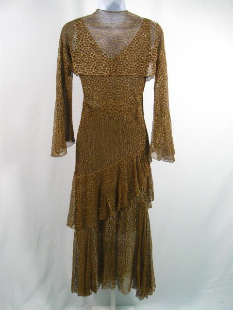 VINTAGE DESIGNER Gold Lace Cocktail Dress Gown Shrug S  