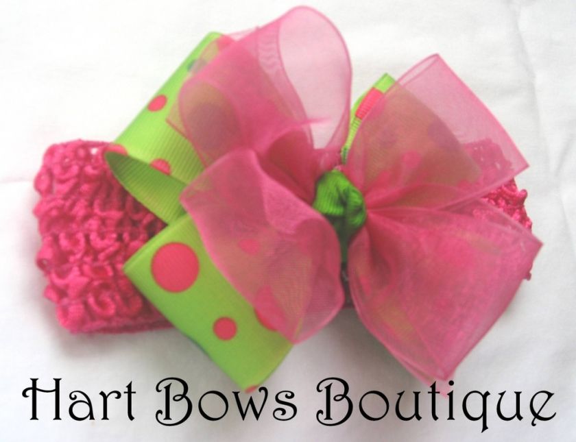 baby girl LIME GREEN & PINK DOT BOW on crochet HEADBAND  