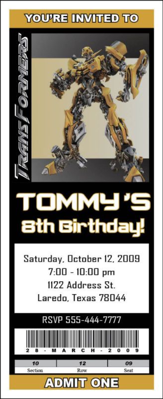 Setof 10 Transformers Personalized Ticket Invitations A  