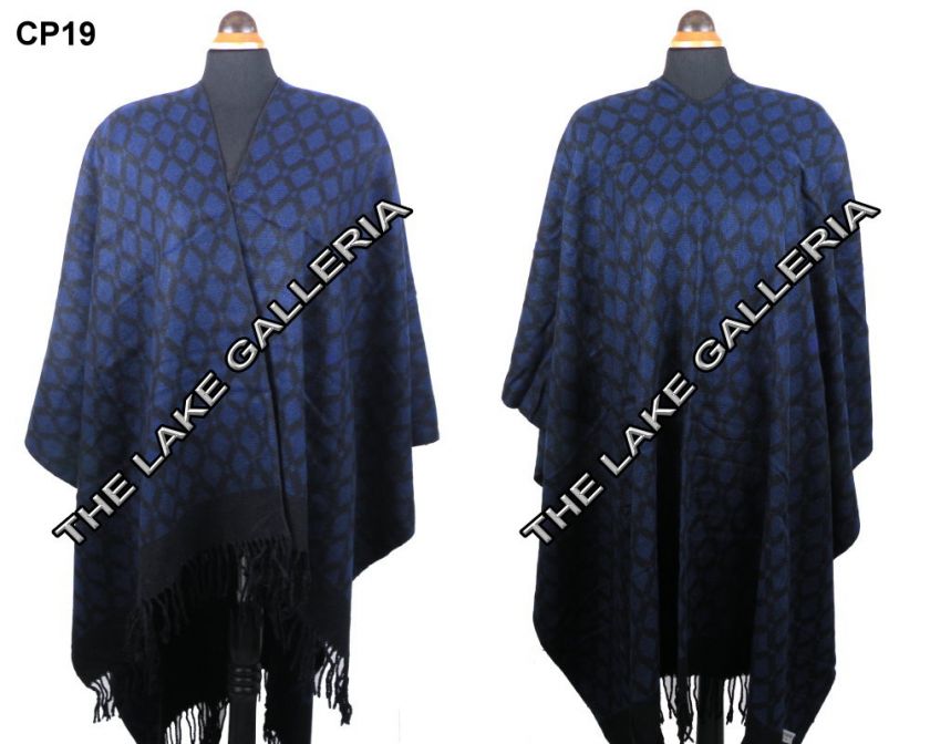 Black Navy Blue Woven Diamond Pattern Cape Poncho Wrap 68x52 Fits 