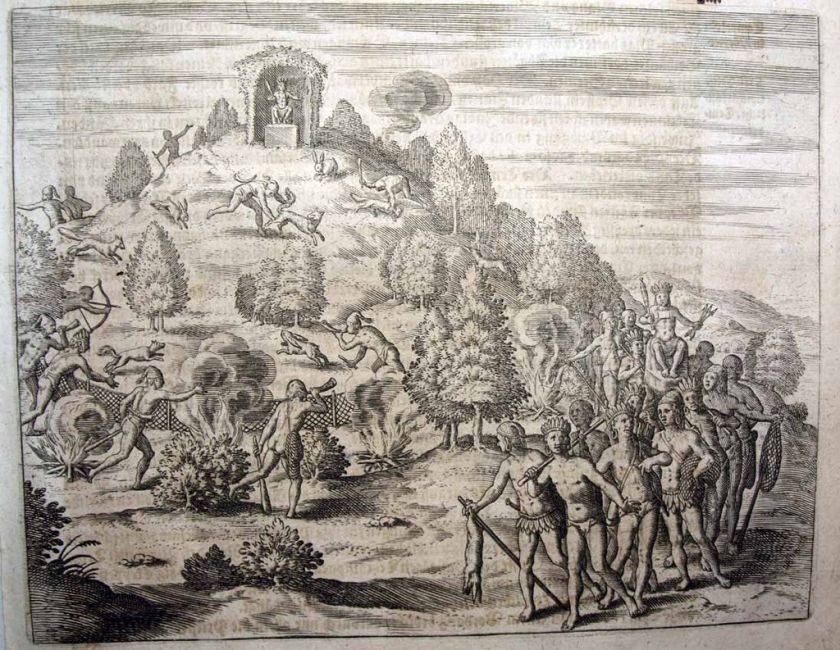 1598 (1631) Theodor De Bry Print AZTEC HUNTING RITUALS  