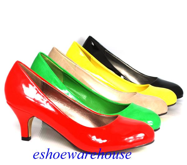   Cute Yellow Patent Low Mid Heels Pumps Round Toe Dress Shoes  