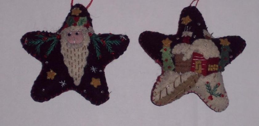 Christmas Handmade Felt Applique Tree 2 Ornaments Stars  