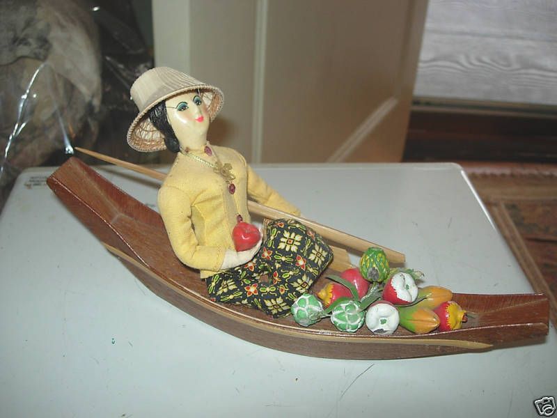 Old Paper Mache Lady W/ Vegetables In Wooden Boat  