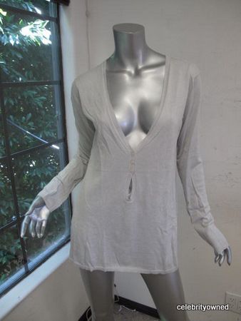 Inhabit Light Gray Sheer 1/2 Button Keyhole Top M  