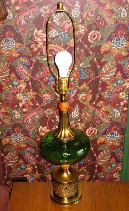 Vintage Mid Century GREEN Art Glass Table Lamp 35 Tall  