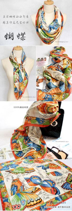 Elegant Large Square Scarves Women Silk Head Scarf Dazzle Butterfly 