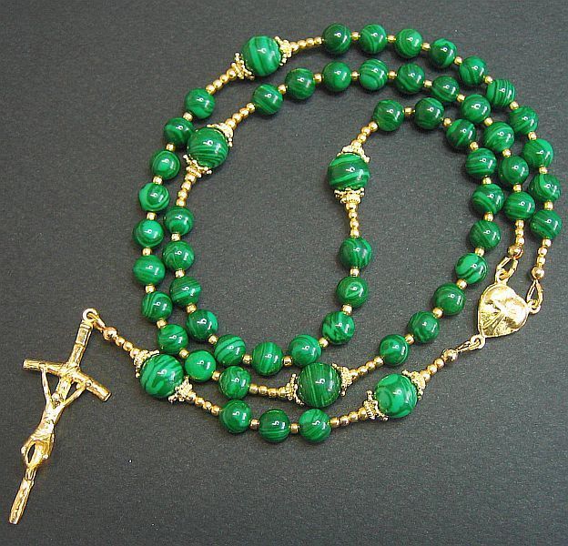 CATHOLIC ROSARY PRAYER BEADS MALACHITE & VERMEIL  