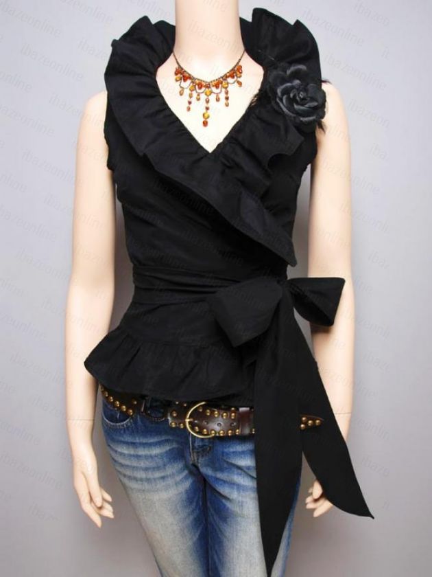   Black Ruffled Collared Wrap Sleeveless Blouse Shirt Top M  