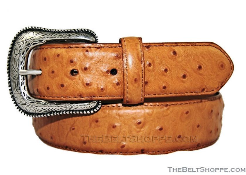   Tan Ostrich Print Leather Belt   Sizes 34   46 (New w/Tags)  